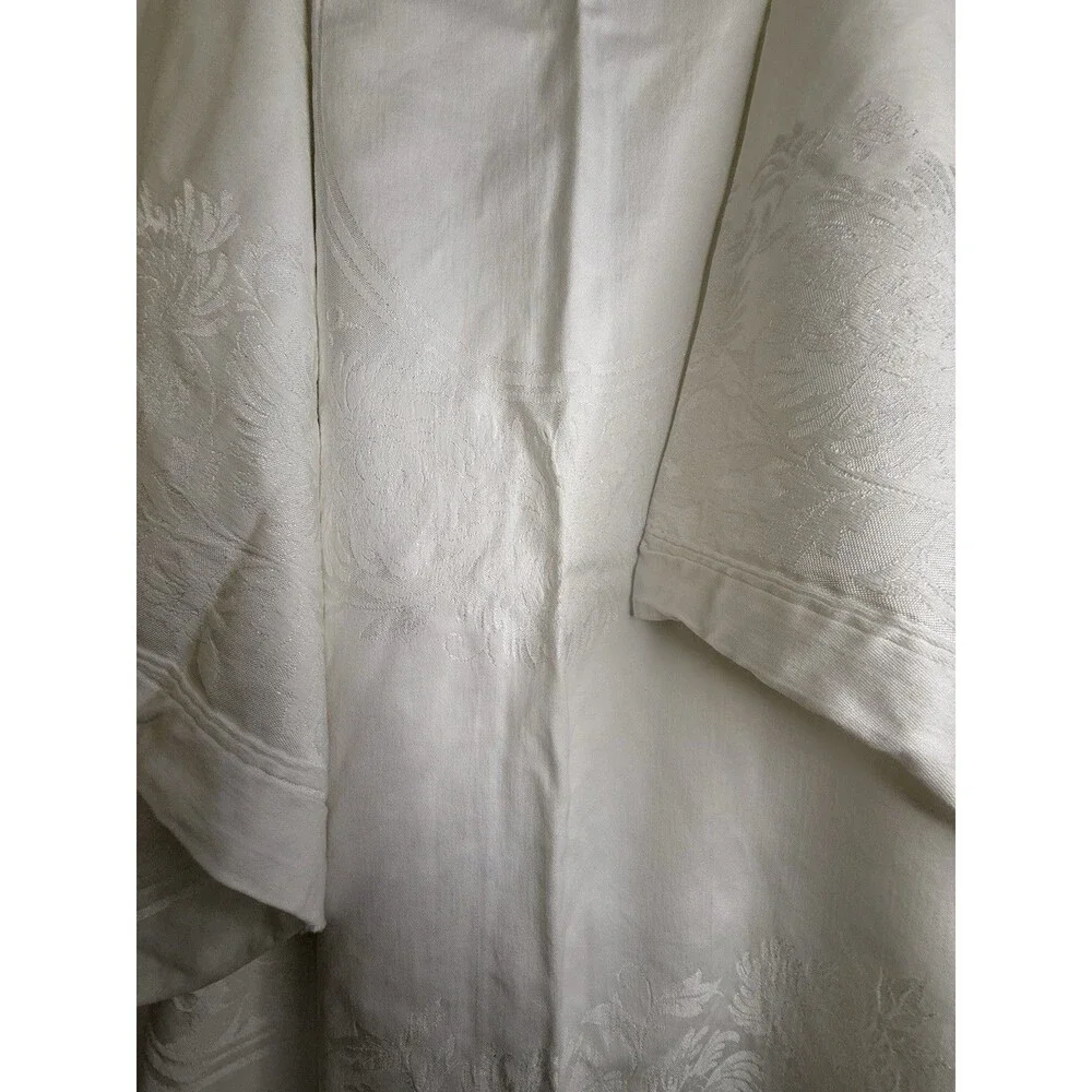 Vintage Ivory Damask Tablecloth 80x110 Semi Round & 10 Napkins 19x19 Set